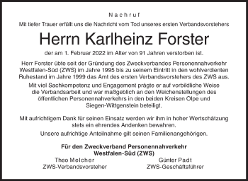 Traueranzeige von Karlheinz Forster von Siegener Zeitung