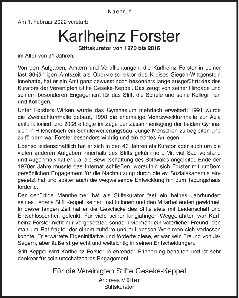  Traueranzeige für Karlheinz Forster vom 05.02.2022 aus Siegener Zeitung
