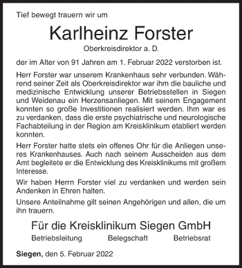 Traueranzeige von Karlheinz Forster von Siegener Zeitung