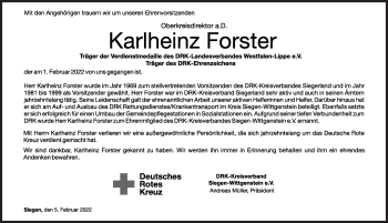 Traueranzeige von Karlheinz Forster von Siegener Zeitung