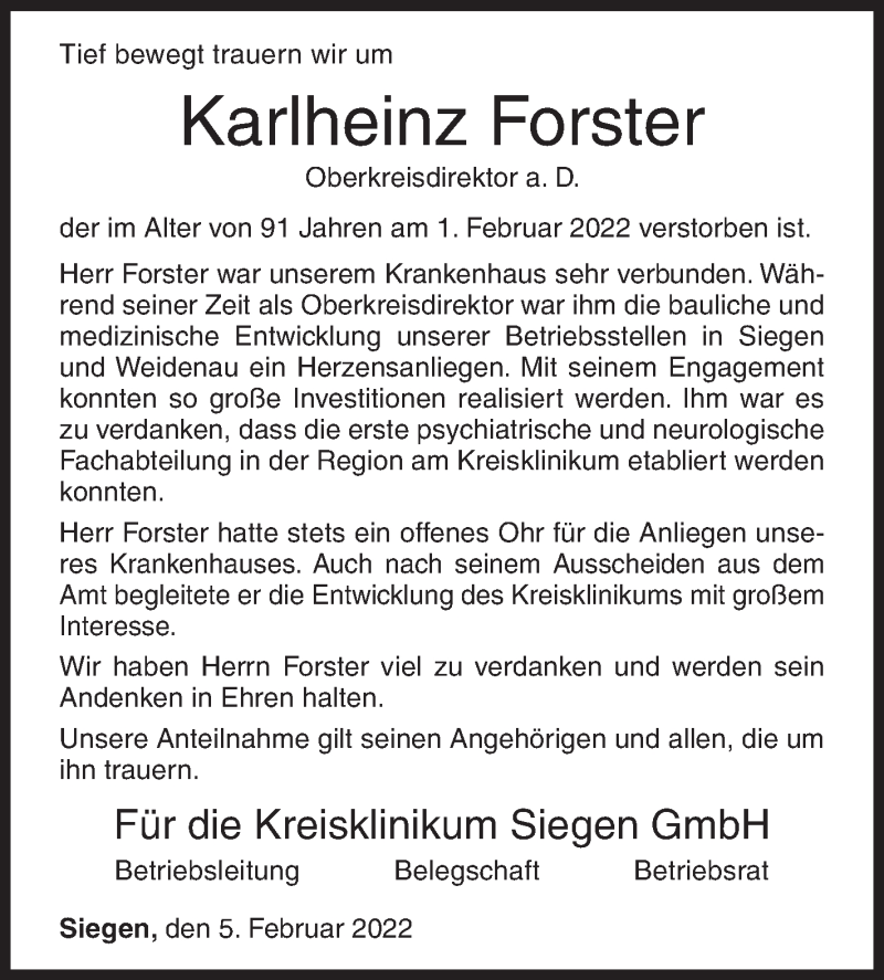  Traueranzeige für Karlheinz Forster vom 05.02.2022 aus Siegener Zeitung