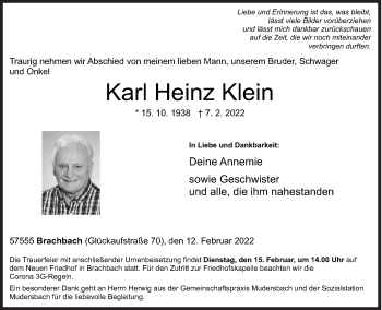 Traueranzeige von Karl Heinz Klein von Siegener Zeitung