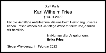 Traueranzeige von Karl Wilhelm Fries von Siegener Zeitung