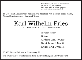 Traueranzeige von Karl Wilhelm Fries von Siegener Zeitung