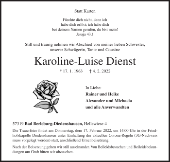 Traueranzeige von Karoline-Luise Dienst von Siegener Zeitung