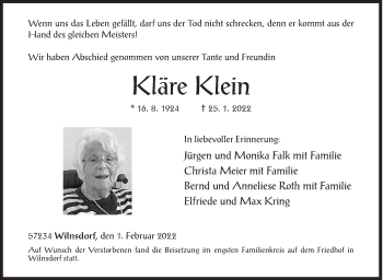 Traueranzeige von Kläre Klein von Siegener Zeitung