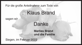 Traueranzeige von Klaus Brand von Siegener Zeitung