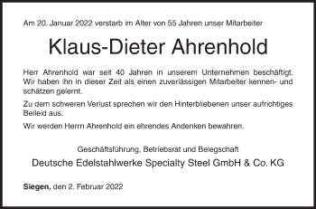Traueranzeige von Klaus-Dieter Ahrenhold von Siegener Zeitung