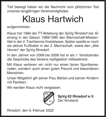Traueranzeige von Klaus Hartwich von Siegener Zeitung