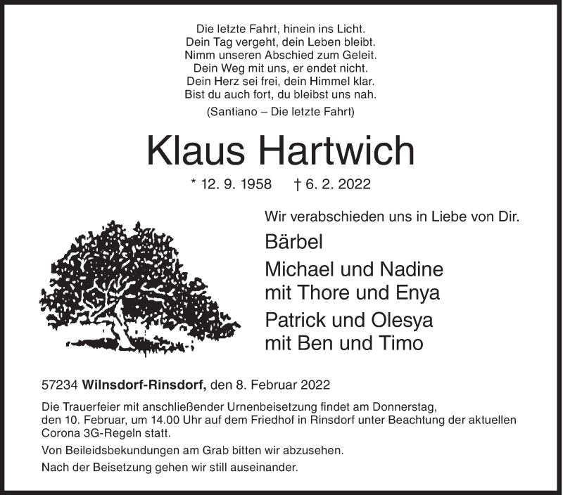  Traueranzeige für Klaus Hartwich vom 08.02.2022 aus Siegener Zeitung