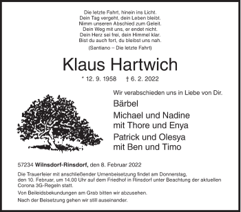 Traueranzeige von Klaus Hartwich von Siegener Zeitung