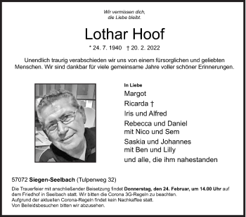 Traueranzeige von Lothar Hoof von Siegener Zeitung