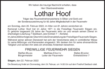 Traueranzeige von Lothar Hoof von Siegener Zeitung