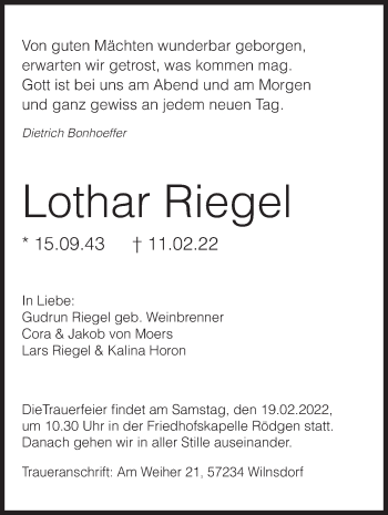 Traueranzeige von Lothar Riegel von Siegener Zeitung