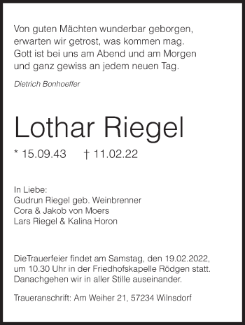 Traueranzeige von Lothar Riegel von Siegener Zeitung