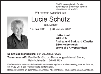 Traueranzeige von Lucie Schütz von Siegener Zeitung