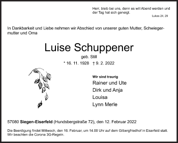 Traueranzeige von Luise Schuppener von Siegener Zeitung