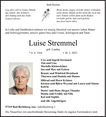 Traueranzeige von Luise Stremmel von Siegener Zeitung