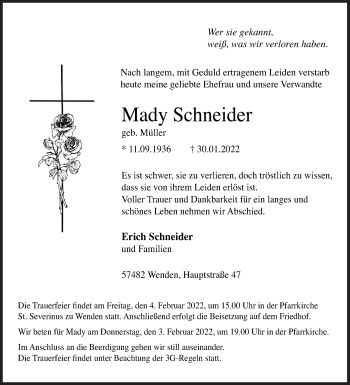 Traueranzeige von Mady Schneider von Siegener Zeitung