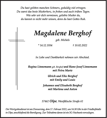 Traueranzeige von Magdalene Berghof von Siegener Zeitung
