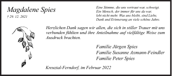 Traueranzeige von Magdalene Spies von Siegener Zeitung