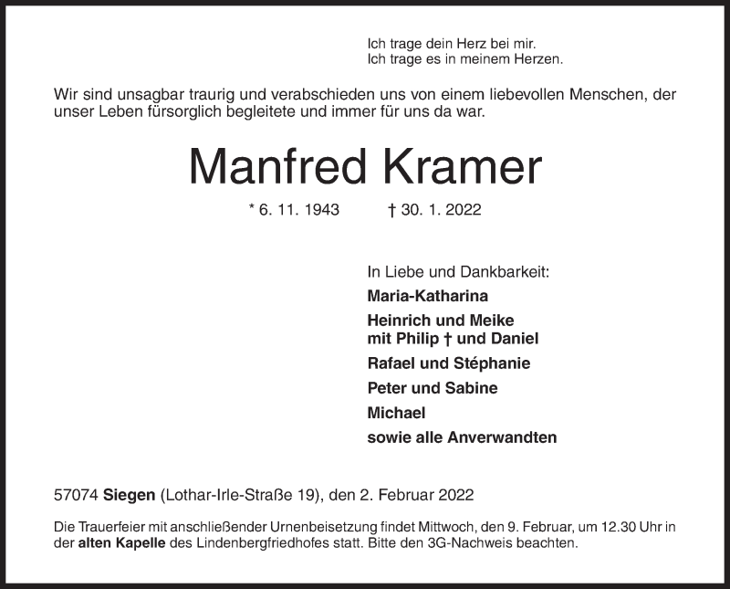  Traueranzeige für Manfred Kramer vom 02.02.2022 aus Siegener Zeitung