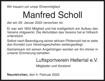 Traueranzeige von Manfred Scholl von Siegener Zeitung