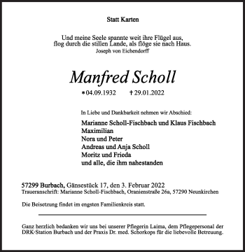 Traueranzeige von Manfred Scholl von Siegener Zeitung