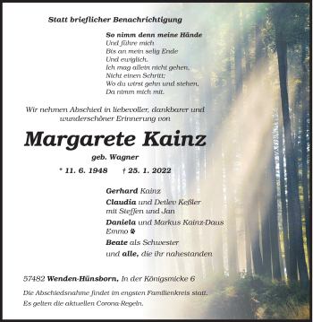 Traueranzeige von Margarete Kainz von Siegener Zeitung