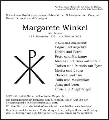 Traueranzeige von Margarete Winkel von Siegener Zeitung