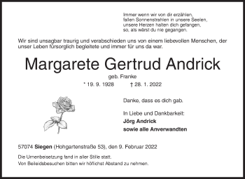 Traueranzeige von Margarete Gertrud Andrick von Siegener Zeitung