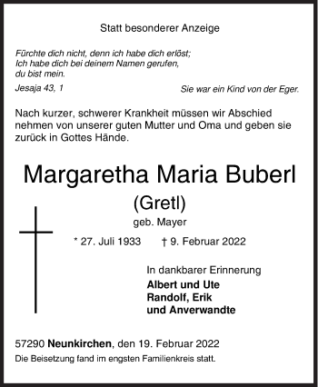 Traueranzeige von Margaretha Maria Buberl von Siegener Zeitung