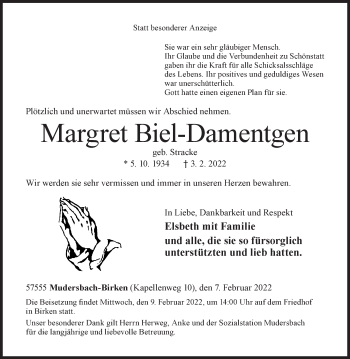 Traueranzeige von Margret Biel-Damentgen von Siegener Zeitung