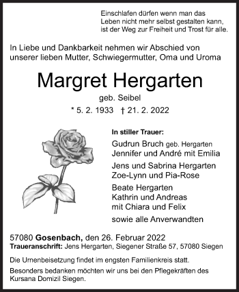 Traueranzeige von Margret Hergarten von Siegener Zeitung
