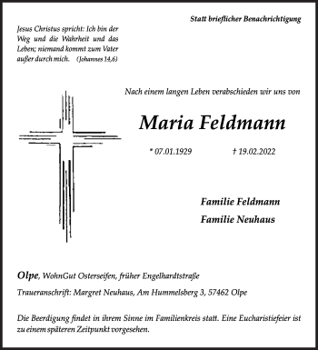 Traueranzeige von Maria Feldmann von Siegener Zeitung