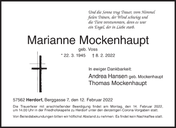 Traueranzeige von Marianne Mockenhaupt von Siegener Zeitung