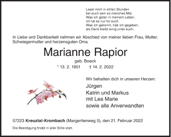 Traueranzeige von Marianne Rapior von Siegener Zeitung