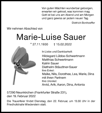 Traueranzeige von Marie-Luise Sauer von Siegener Zeitung
