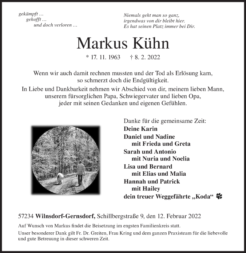  Traueranzeige für Markus Kühn vom 12.02.2022 aus Siegener Zeitung