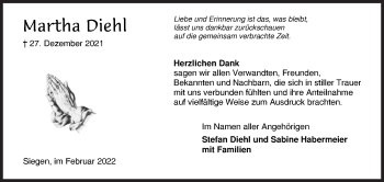 Traueranzeige von Martha Diehl von Siegener Zeitung