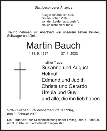 Traueranzeige von Martin Bauch von Siegener Zeitung
