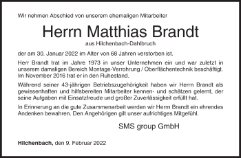 Traueranzeige von Matthias Brandt von Siegener Zeitung