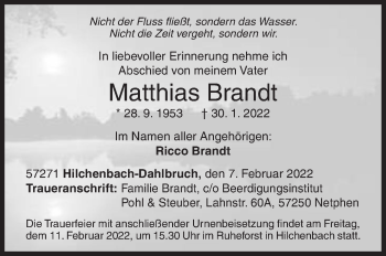 Traueranzeige von Matthias Brandt von Siegener Zeitung