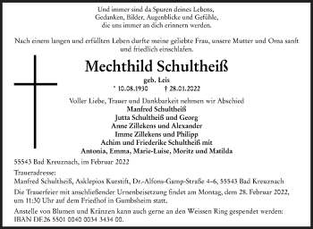 Traueranzeige von Mechthild Schultheiß von Siegener Zeitung