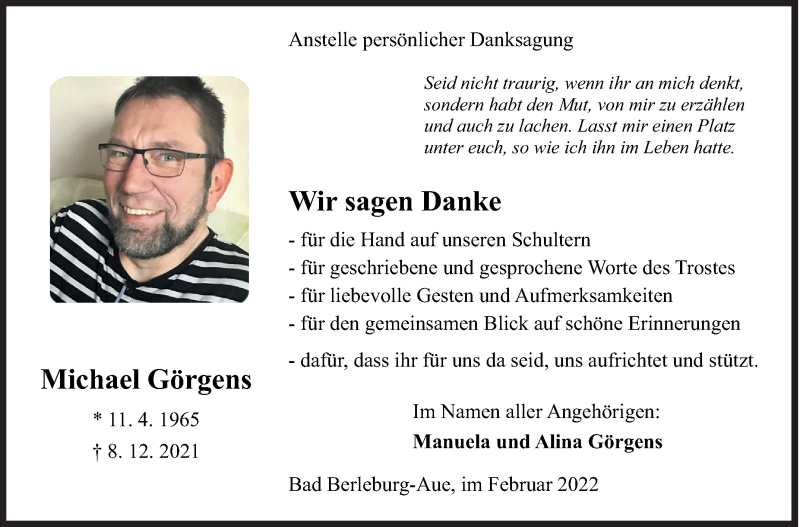  Traueranzeige für Michael Görgens vom 05.02.2022 aus Siegener Zeitung
