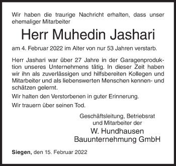 Traueranzeige von Muhedin Jashari von Siegener Zeitung