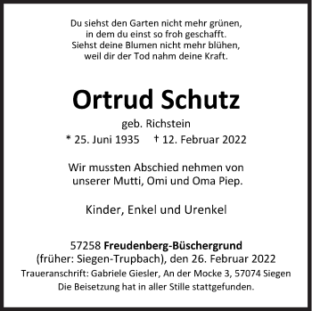 Traueranzeige von Ortrud Schutz von Siegener Zeitung