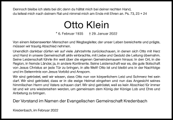 Traueranzeige von Otto Klein von Siegener Zeitung