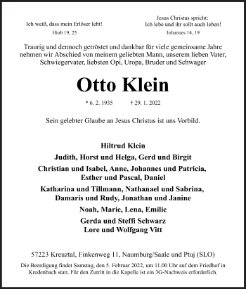 Traueranzeige von Otto Klein von Siegener Zeitung