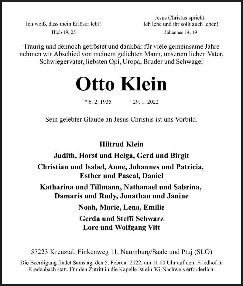  Traueranzeige für Otto Klein vom 02.02.2022 aus Siegener Zeitung